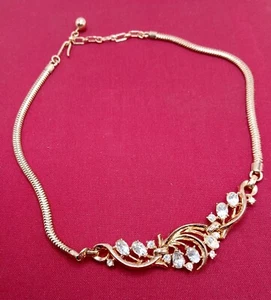 Vintage Crown Tifari Necklace Gold Rhinestones 16" 1950s - Picture 1 of 4