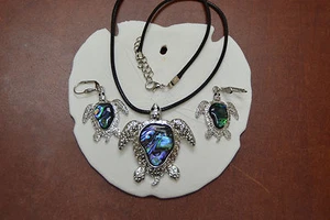 TURTLE ABALONE VERSILBERTE HALSKETTE UND OHRRING JEWERLY SET MODE #N-5 - Bild 1 von 2