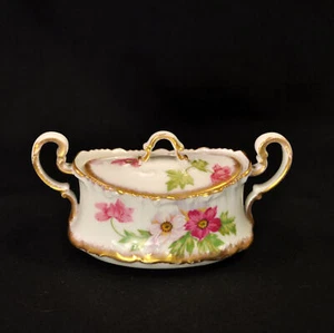 Limoges T&V Azúcar con Tapa 2 Mangos Pintado a Mano Rosa Blanco Flores Oro Verde 1907 - Imagen 1 de 22