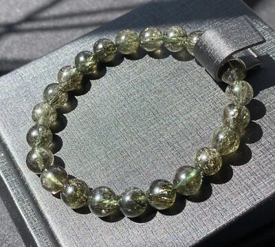 Natural Green Tourmaline Rutilated Quartz Crystal Beads Bracelet Healing 8.2mm - Image 1 of 4