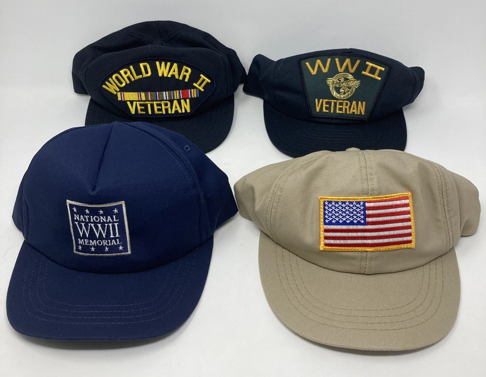 Lote de 4 sombreros Snapback conmemorativos de veteranos de la Segunda Guerra Mundial de colección hechos en EE. UU. USADOS EN EXCELENTE ESTADO Foto 1 de 4