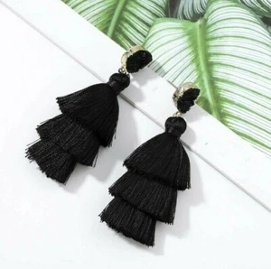 Black Tassel Pierced Trendy Stylish Fashionable Earrings - Picture 1 of 4