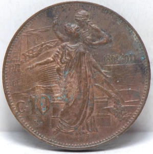 Italy, 1911-R 10 Centesimi, KM51, AU-UNC, some verdigris, 1-11 - Picture 1 of 2
