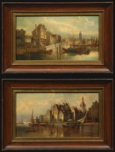 19th Century Dutch Amsterdam Cityscape European PAIR of Paintings - Picture 1 of 21