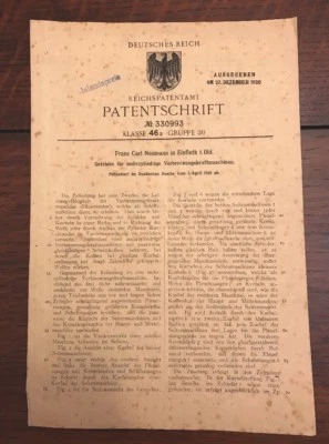 Orig 1920 GERMAN Patent Franz Carl Neumann 2 Cycle Diesel Engine Diagram Booklet - Image 1 of 4