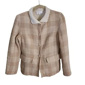 Escada Vintage Alpaca Blend Neutral Tan Plaid Sweater Jacket Size 6 - Picture 1 of 6