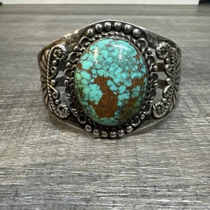 Early Fred Harvey Era Navajo Stamped Sterling Silver WOW Turquoise Cuff Bracelet - Picture 1 of 7
