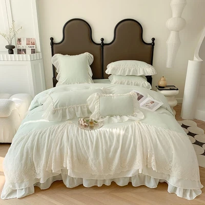 Lace Duvet Cover Queen Size, Chiffon Ruffled Beddding Set with Flower, 3 Pieces  - Image 1 of 4
