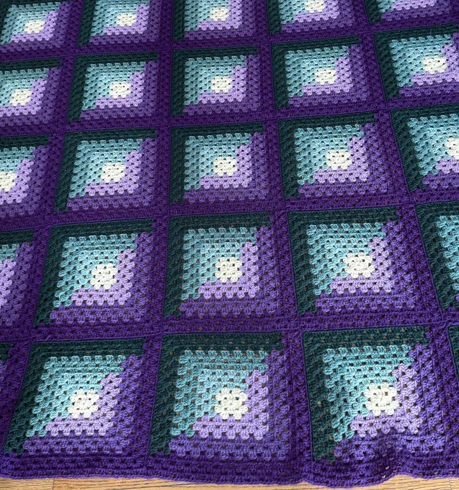 Vtg “Roseanne” Crochet Granny Square  Purples Greens Afghan Throw Blanket 70x82 - Image 1 of 4