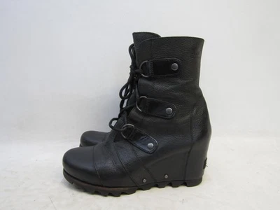 Sorel Mujer Talla 8 Negro Cuero Con Cordones Cuña Tobillo Moda Botas Botín Foto 1 de 4