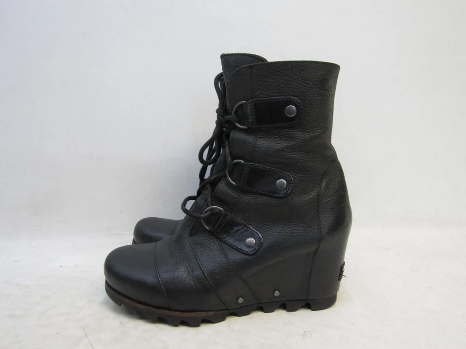 Sorel Womens Size 8 Black Leather Lace Up Wedge Ankle Fashion Boots Bootie - Image 1 of 4
