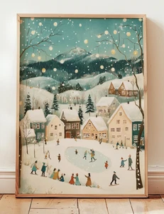 Whimsical Winter Holiday Poster - Pastel Christmas Village Wall Art Decor - Picture 1 of 5