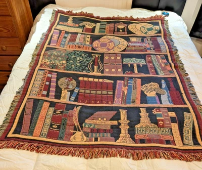 VTG - Goodwin Weavers Cotton Tapestry Fringe Throw Blanket Library Books 64x48 - Image 1 of 4