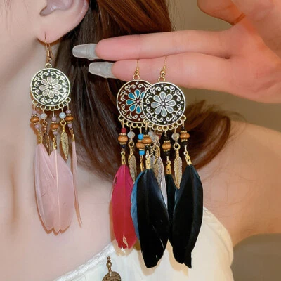 Retro Bohemian Style Earrings Long Feather Tassel Pendant Earrings Wedding Gifts - Image 1 of 4