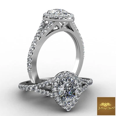 Anillo de compromiso con halo francés pavé de U vástago dividido forma de pera diamantes GIA G VS1 1 ctw Foto 1 de 4