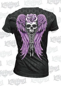 Lethal Angel Korsett geflügelter Totenkopf Burnout Tattoo Goth Damen V-Ausschnitt Shirt LA20454 - Bild 1 von 3