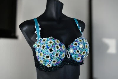 Sujetador Carnaval Turquesa Push-Up con Perlas, Estrás y Mini Espejos  Foto 1 de 4