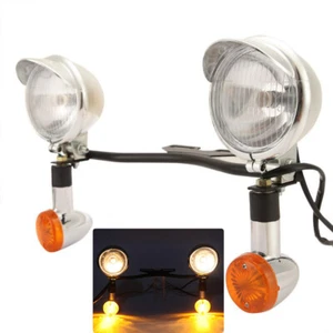 Chrome Motorcycle Driving Passing Turn Signals Spot Fog Light Bar Mounts Kit Set - Picture 1 of 11
