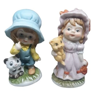 Boy with Bear And Girl With Cat Porcelain Figurines- Taiwan - 5" Vintage  - Picture 1 of 7