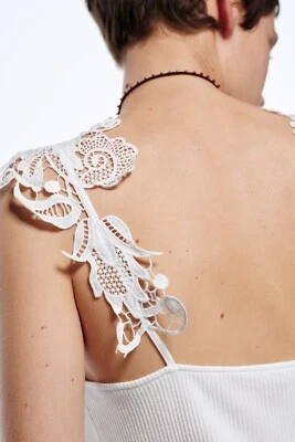 Zara Débardeur Côtelé avec Dentelle Bords Blanc Brodé Broderie Anglaise L Large - Photo 1/4