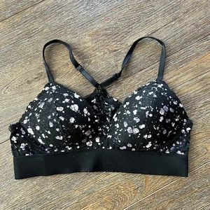 VICTORIAS SECRET PINK Medium M leggermente foderato bralette pizzo racerback floreale nero - Foto 1 di 7