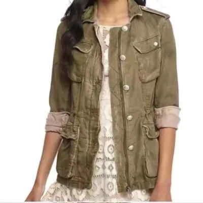 Free People Distressed Double Cloth Cotton Military Cargo Jacket - Green Medium - image 1 of 4