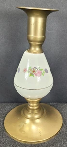 Vintage 7" Kerzenständer Messing und Porzellan mit Blumenmuster und Patina - Bild 1 von 14