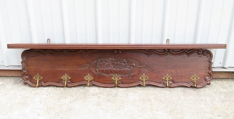 ANTIQUE French OAK WALL MOUNT COAT or HAT RACK ~ BRASS HOOKS ~ Mission Hall Tree Cover