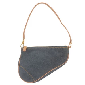 Auth Christian Dior Saddle Bag Shoulder Bag Navy Denim Leather Used - Picture 1 of 20