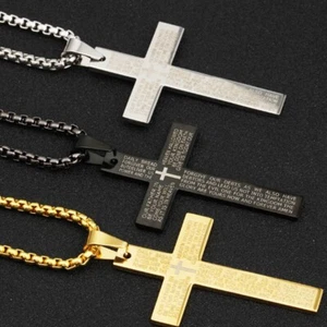 Kreuz Anhänger Halskette für Herren Edelstahl Vaterunser Bibel Kette vergoldet - Bild 1 von 12