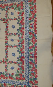 Vintage 50er Segeltuch Tischdecke strukturiert rot blau Beeren schwer 57x67" Grannycore - Bild 1 von 6