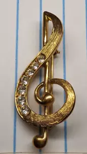 Treble Clef w/ Rhinestones Vintage Brooch Pin, Gold Tone - Picture 1 of 3