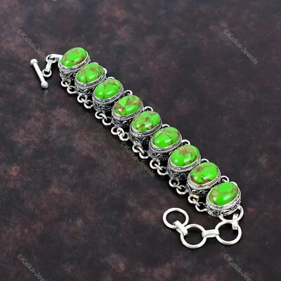 Nueva pulsera de cadena vintage ovalada de plata de ley 925 con piedra turquesa verde cobre Foto 1 de 4