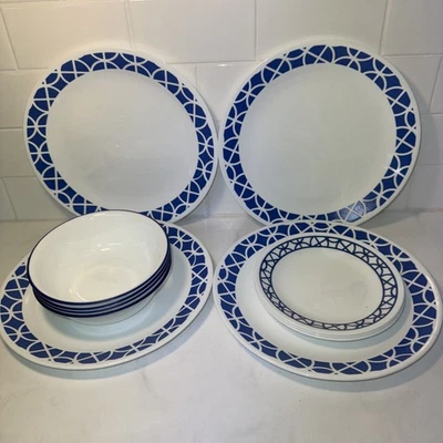 Corelle 11‑Piece Set Cobalt Blue Circles (4) Dinner Plates (3) Dessert (4) Bowls - Image 1 of 4