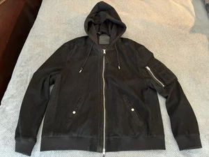 Size XXL - AllSaints Black Genuine Suede Leather Hooded Bomber Flight Jacket - Picture 1 of 8