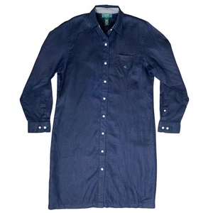 LAUREN RALPH LAUREN Shirt Dress 100% Linen Medium Navy w Gingham Long Sleeve EUC - Bild 1 von 5