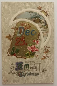 Antike geprägte Weihnachts Postkarte Dez 25 Gold vergoldet Hütte Winterszene Stechpalme - Bild 1 von 2