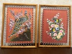 Pair Vintage Bamboo Framed Silk Art Peacock Butterfly 18x14 Bamboo  Tiki Wall 