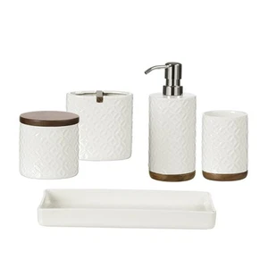 Bathroom Accessories Set, 5-Piece Ceramic and Wood Bath Accessory Complete Se... - Picture 1 of 7