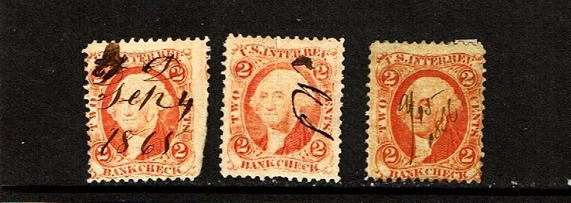 1862-71 Revenue First Issue Washington 2c Org BANK CHECK Lot of 3 Sc#R6c Pen Can - Image 1 of 1