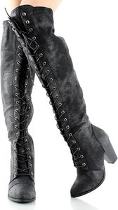 Stivali al ginocchio scamosciati neri FOREVER tacco alto a blocco SEXY stringati taglia 6 - Foto 1 di 11