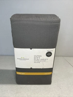 Threshold Gray Ultra Soft Flat Sheet 300 Thread Count 100% Cotton Size Queen New - Image 1 of 4