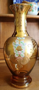 Murano Amber Glass Enamel Flowers Signed Murano Bellini 11.75" tall - Picture 1 of 19