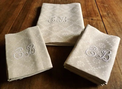 Nappe + 12 grandes serviettes en damassé ancien beige jamais servi monogramme EB - Photo 1/4