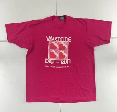 Vintage 80s Valentine's Day Run Pink 1985 T Shirt Tee XL Screen Stars Vtg Retro - Image 1 of 4
