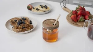 Honey Jar, Dropper Glass Container Set (9 oz.) with Wooden Scoop Stick and Lid - Picture 1 of 6