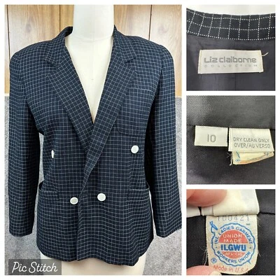 Blazer vintage de los años 90 Liz Claiborne blanco y negro a cuadros doble botonadura-ILGWU Foto 1 de 4