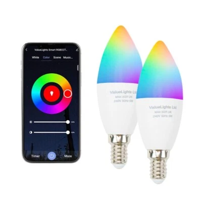 2 Pack Smart LED Light Bulbs App Voice Control RGB Cool Warm Lights SES E14 - Image 1 of 4