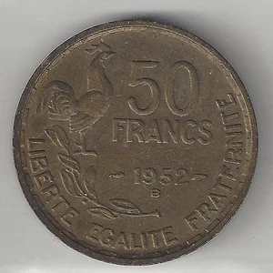 FRANCE,  1952 B,  50 FRANCS, ALUMINUM BRONZE,  KM#918.2, EXTRA FINE - Picture 1 of 2