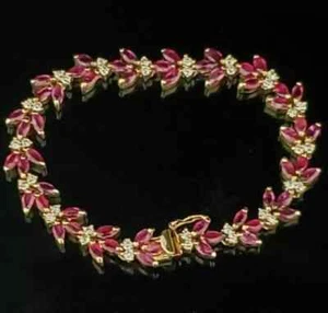 Lab Created 12Ct Marquise Pink Ruby &Diamond Women Tennis Bracelet Gold Plated - Picture 1 of 4